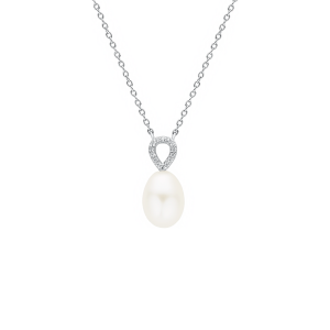 Collar de plata de ley 925 rodiada con perla de agua dulce y colgante con cristales de circonita – Gaura Pearls