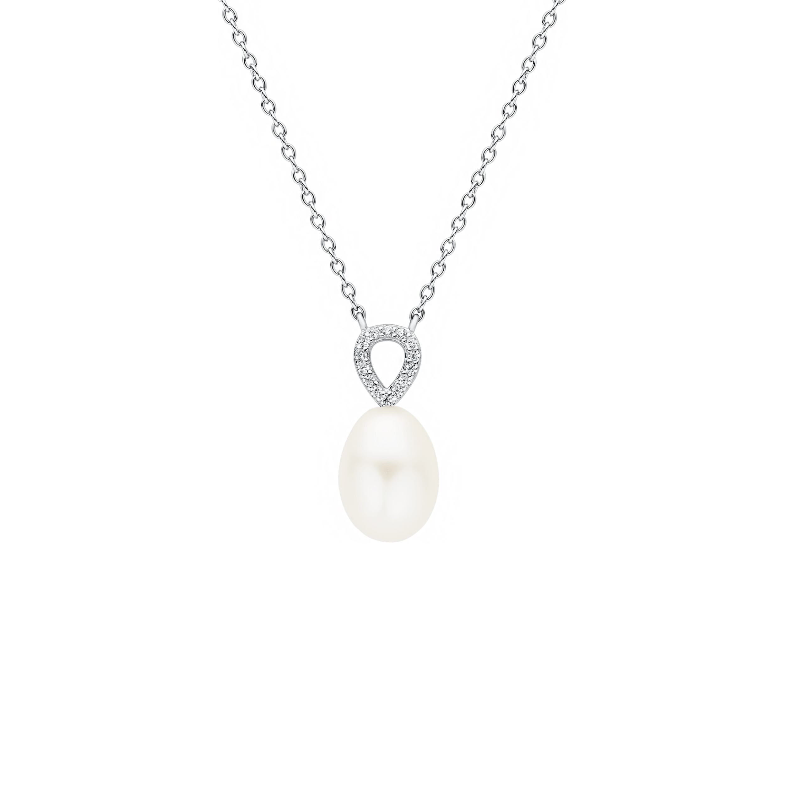 Collar de plata de ley 925 rodiada con perla de agua dulce y colgante con cristales de circonita – Gaura Pearls