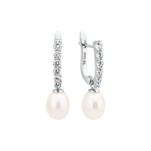 Pendientes de plata de ley 925 con baño de rodio, perla de agua dulce y cristal de circonita – Gaura Pearls