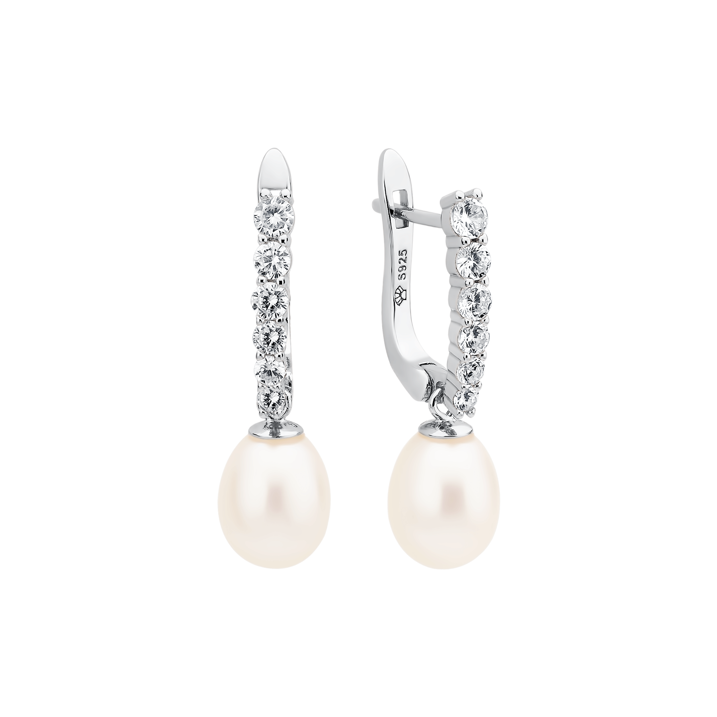 Pendientes de plata de ley 925 con baño de rodio, perla de agua dulce y cristal de circonita – Gaura Pearls