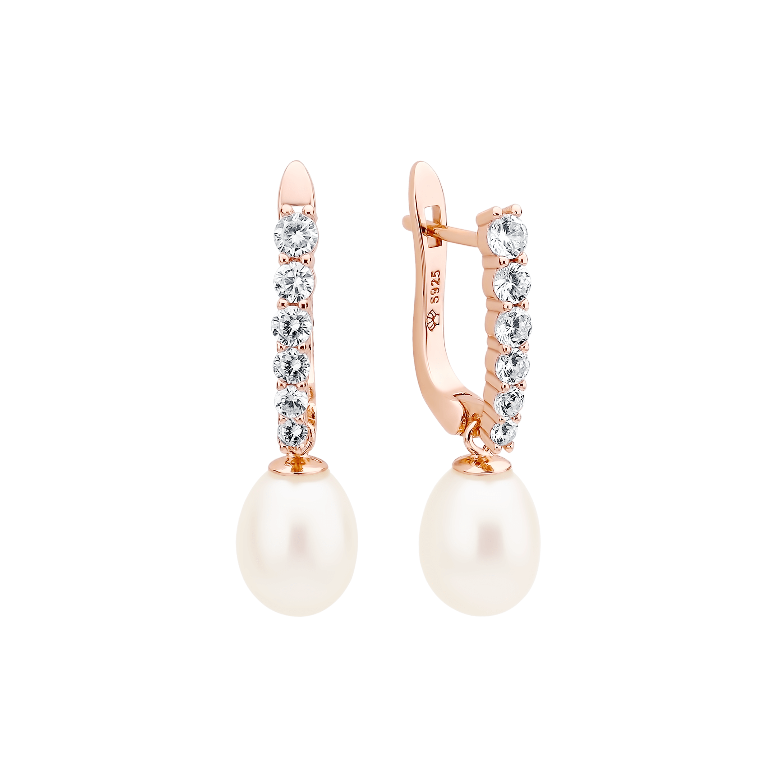 Pendientes de plata de ley 925 con baño de oro rosa de 14K, perla de agua dulce y cristal de circonita – Gaura Pearls