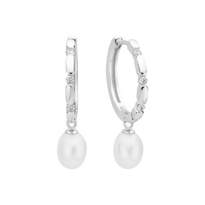 Pendientes de plata de ley 925 con baño de rodio, perla de agua dulce y cristales de circonita - Gaura Pearls