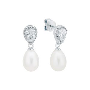 Pendientes de plata de ley 925 con baño de rodio, perla de agua dulce y cristales de circonita - Gaura Pearls