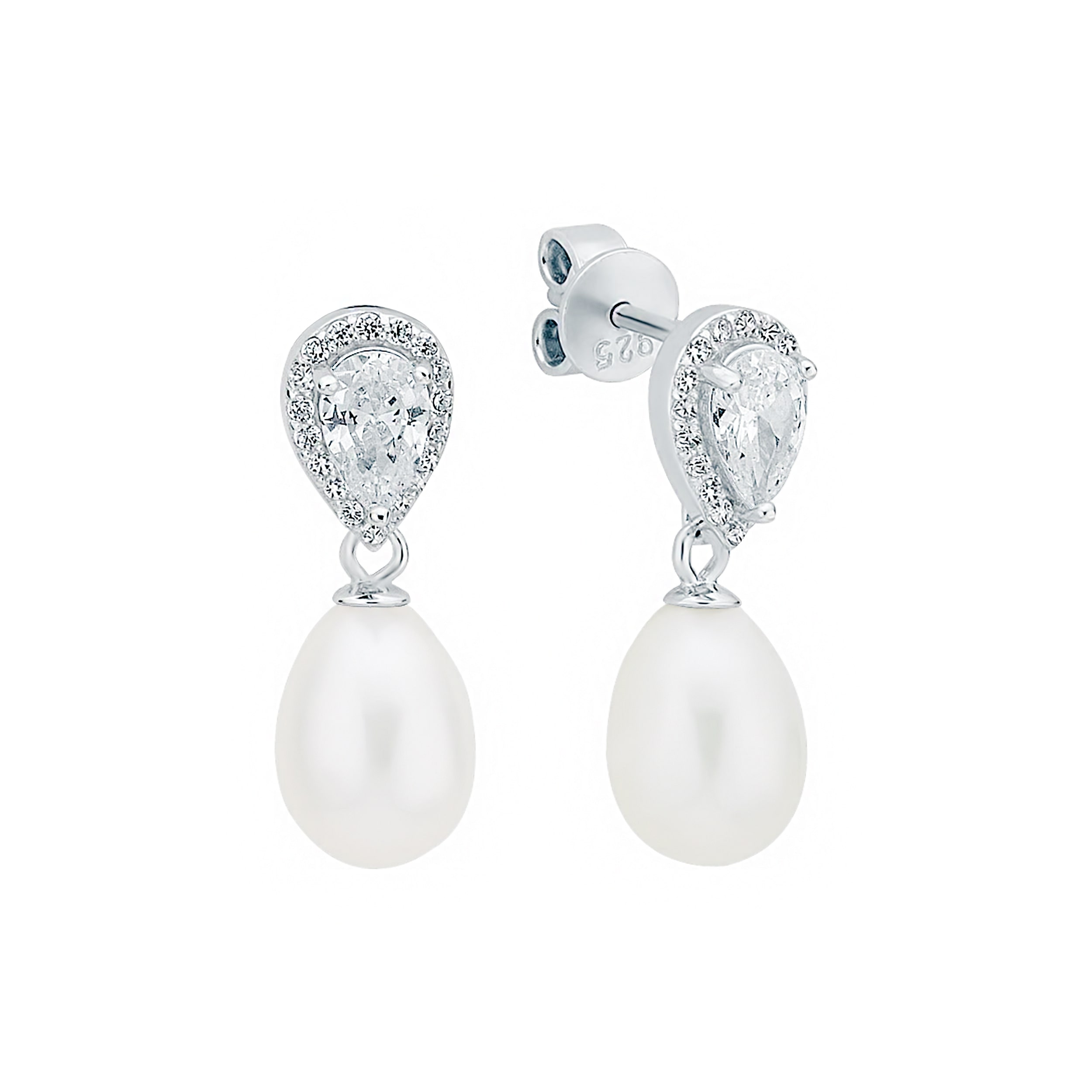 Pendientes de plata de ley 925 con baño de rodio, perla de agua dulce y cristales de circonita - Gaura Pearls
