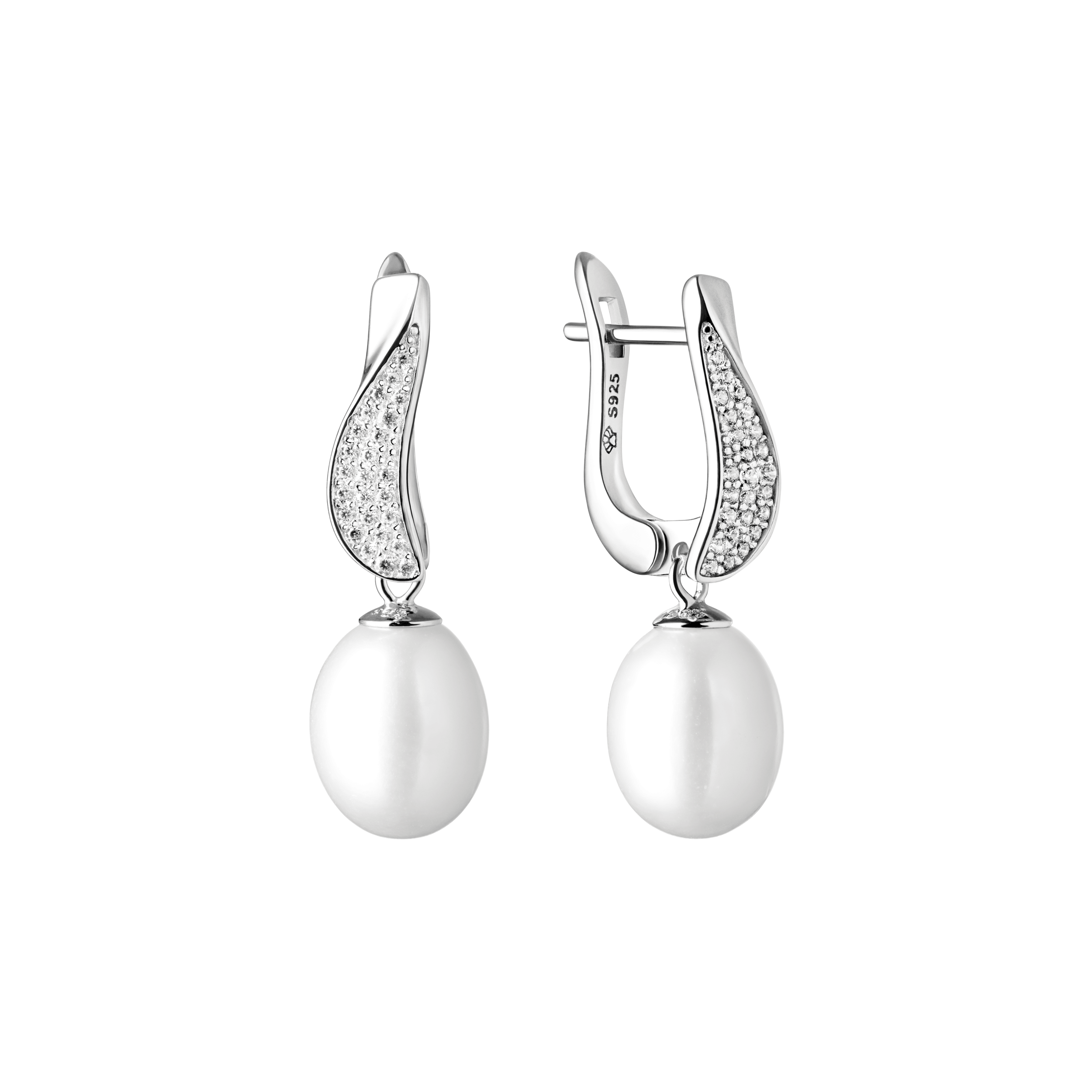 Pendientes de plata de ley 925 con baño de rodio, perla de agua dulce y cristal de circonita – Gaura Pearls
