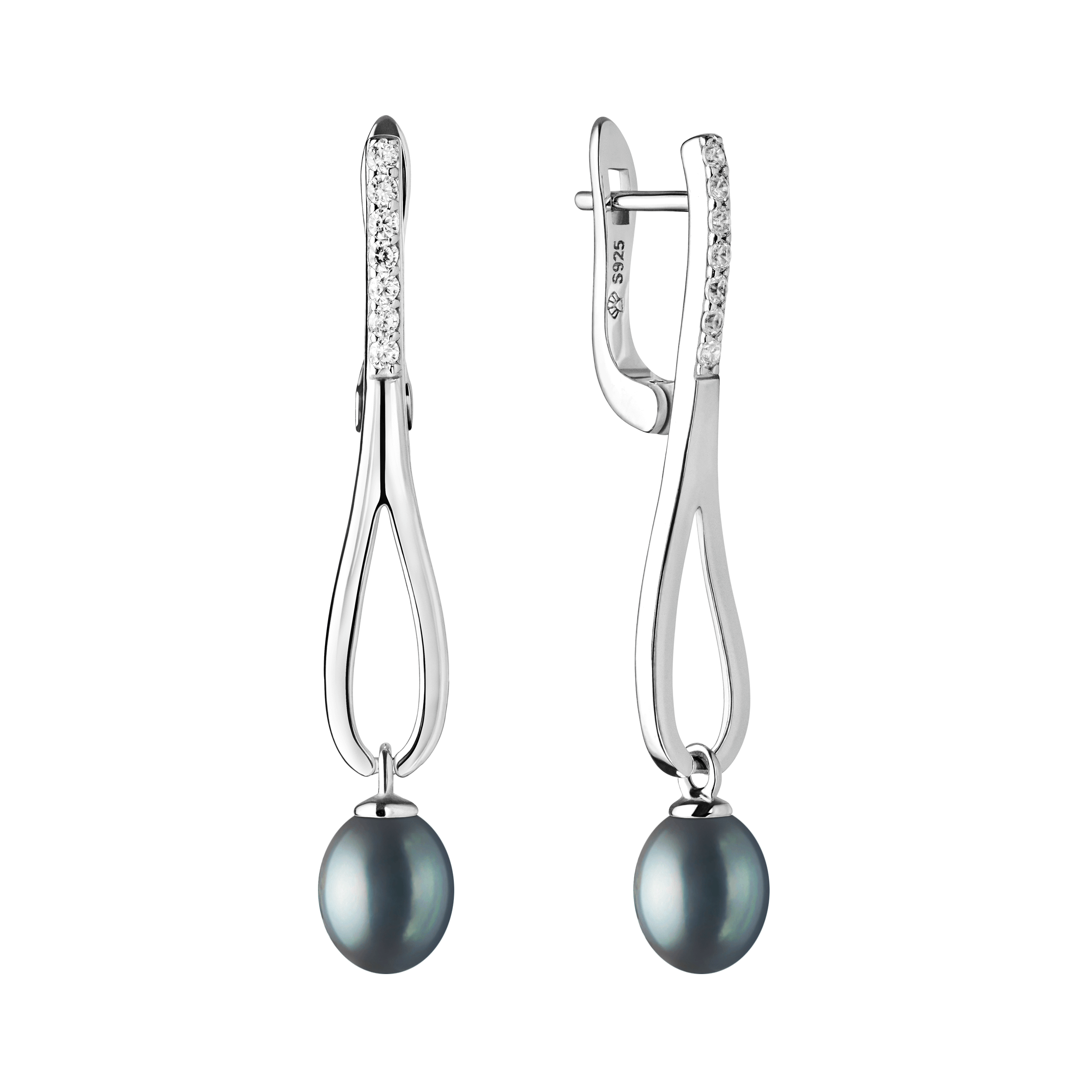 Pendientes de plata de ley 925 con baño de rodio, perla de agua dulce y cristal de circonita – Gaura Pearls