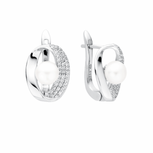 Pendientes de plata de ley 925 con baño de rodio, perla de agua dulce y cristal de circonita – Gaura Pearls
