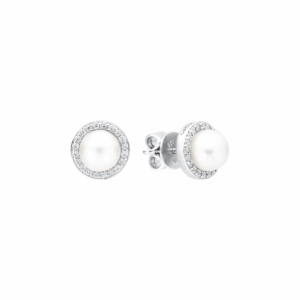 Pendientes de plata de ley 925 con baño de rodio, perla de agua dulce y cristal de circonita – Gaura Pearls