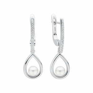 Pendientes de plata de ley 925 con baño de rodio, perla de agua dulce y cristal de circonita – Gaura Pearls