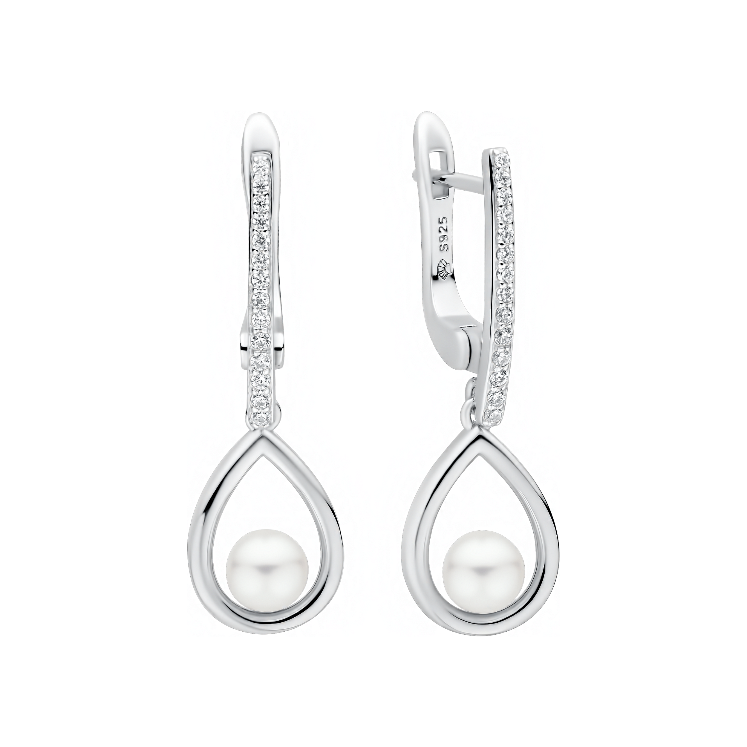 Pendientes de plata de ley 925 con baño de rodio, perla de agua dulce y cristal de circonita – Gaura Pearls