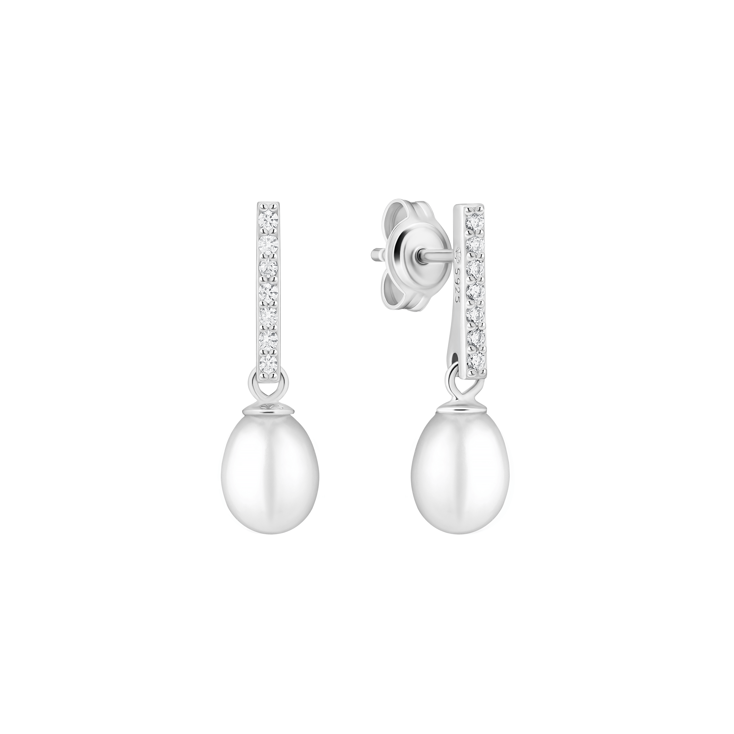 Pendientes de plata de ley 925 con baño de rodio, perla de agua dulce y cristal de circonita - Gaura Pearls