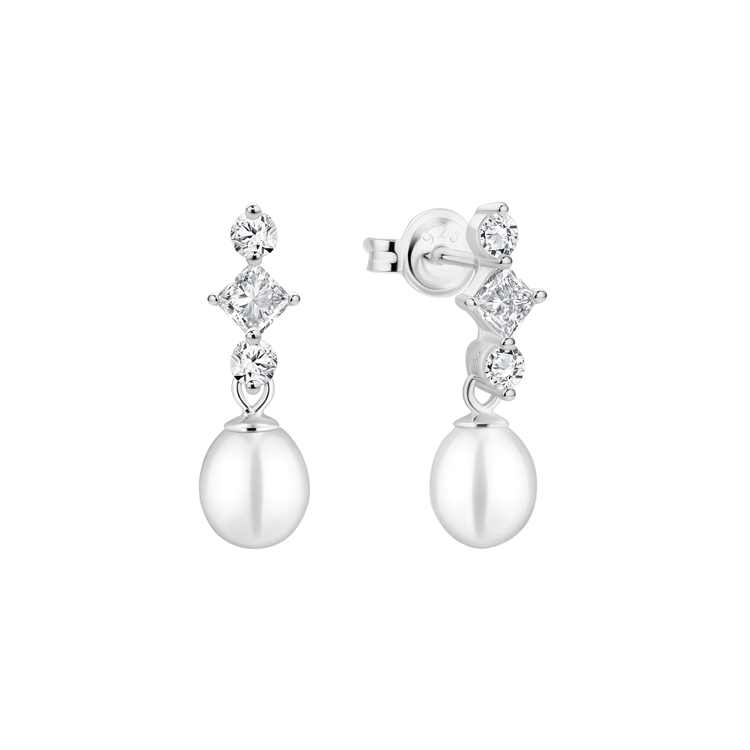 Pendientes de plata de ley 925 con baño de rodio, perla de agua dulce y cristales de circonita - Gaura Pearls